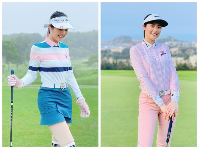 Hoa hậu Ngọc Hân kết hợp áo polo dài tay với chân váy ôm hoặc quần dài chuyên dụng khi chơi golf.