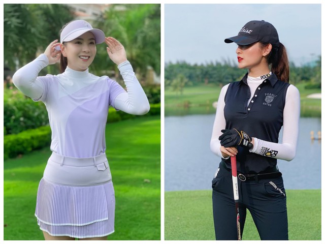 MC Mai Ngọc và Á hậu Huyền My với trang phục cá tính khi chơi golf.