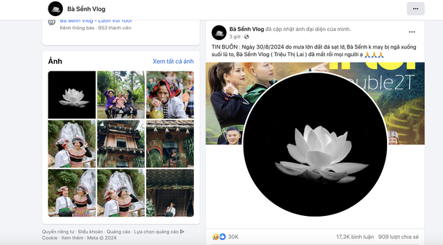 Thông tin chính thức trên trang Facebook Bà Sểnh Vlog