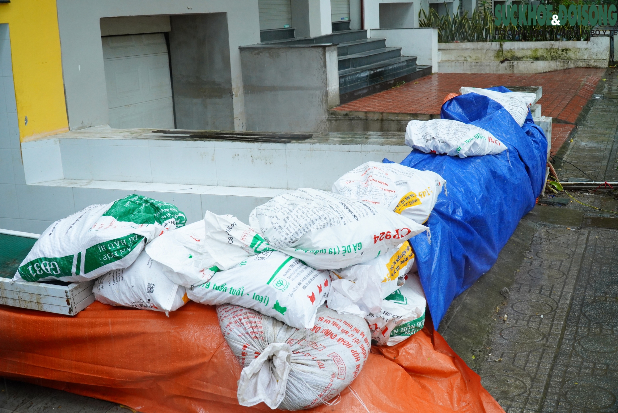 Người dân đắp đê trước cửa nhà để phòng, chống bão số 3.