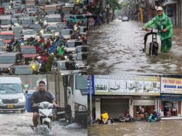 Mưa lớn xuyên đêm, nhiều tuyến đường ngập sâu, người Hà Nội rời nhà trước 6h sáng vẫn không thoát tắc