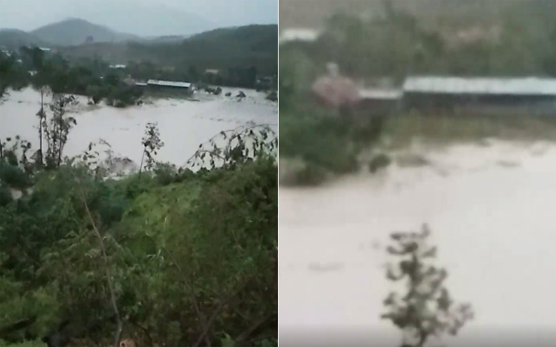 Trang trại chăn nuôi của chị Thoa chìm trong biển nước. Ảnh cắt từ clip 