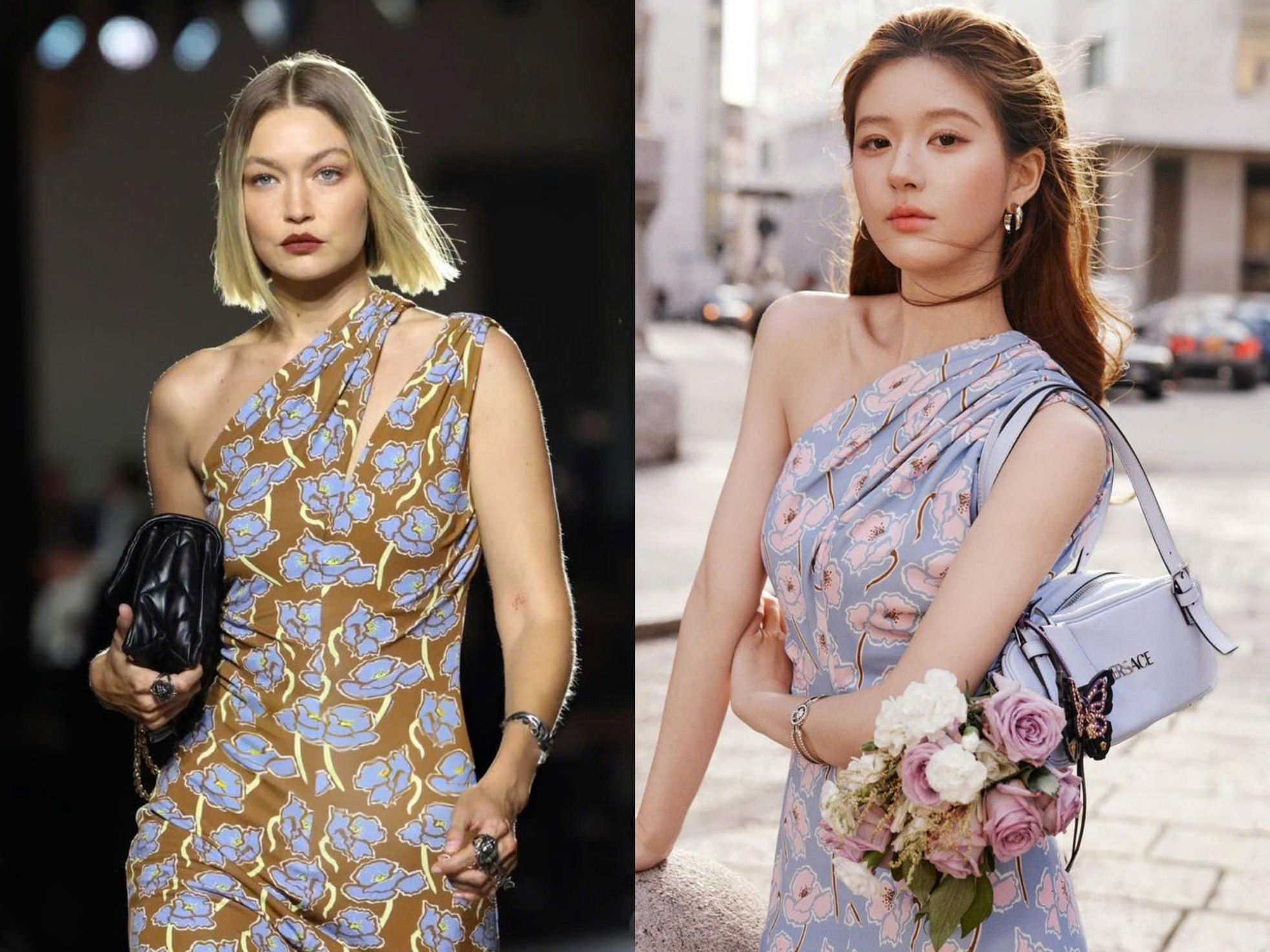 Trang phục của nữ chính Vụng trộm không thể giấu là một màu khác với bộ mà Gigi Hadid mặc trong buổi trình diễn cho Versace tại Milan vừa qua. Ê-kíp đã chỉnh sửa lại phần vai một chút cho Triệu Lộ Tư - nối liền lại, thay vì để xẻ như thiết kế gốc.