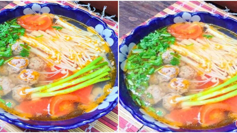 Enoki mushroom soup with meatballs