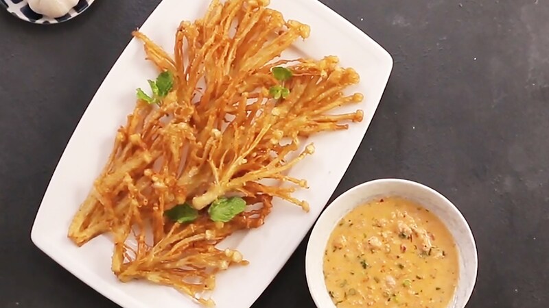 Crispy fried enoki mushrooms