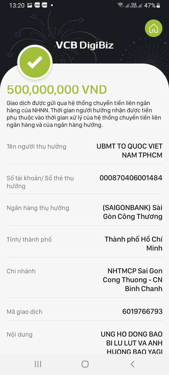 Số tiền 500 triệu đồng được Nhật Kim Anh chuyển vào tài khoản của UB MTTQ TP.HCM.