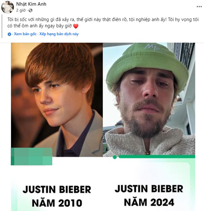 Nhật Kim Anh bày tỏ cảm xúc sốc khi hay tin về cú sốc đối với Justin Bieber.