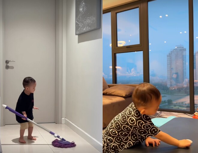 Nhóc tỳ đáng yêu nhà Thu Hoài chăm giúp mẹ việc nhà.