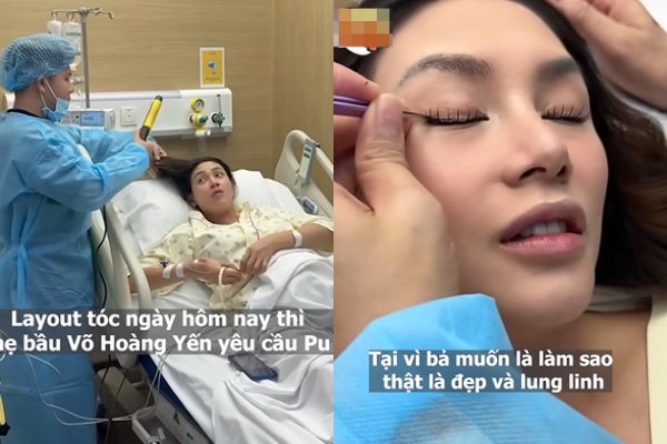 Chia sẻ về quá trình trang điểm cho mẹ bầu, chuyên gia trang điểm tâm sự trong một video rằng đây là lần đầu tiên họ trải nghiệm việc make-up trong bệnh viện nên khá… nôn nao. Trong những hình ảnh được ghi lại, khi mẹ bầu Võ Hoàng Yến nằm trên giường dành cho sản phụ, họ đã thực hiện đầy đủ các bước làm đẹp.