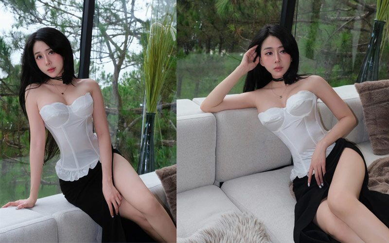 Lục Anh siết chặt vòng eo con kiến với chiếc áo cúp ngực được cách điệu từ corset đẹp mắt, phối kèm là chân váy xẻ tà cao bất tận hết sức nóng bỏng. 