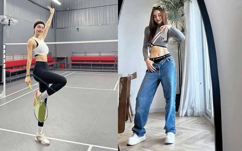 Mlee khoe khéo tỷ lệ hình thể với những chiếc quần jeans, legging đẹp mắt và tôn đường cong tối đa bằng cách phối đồ mạnh mẽ. 