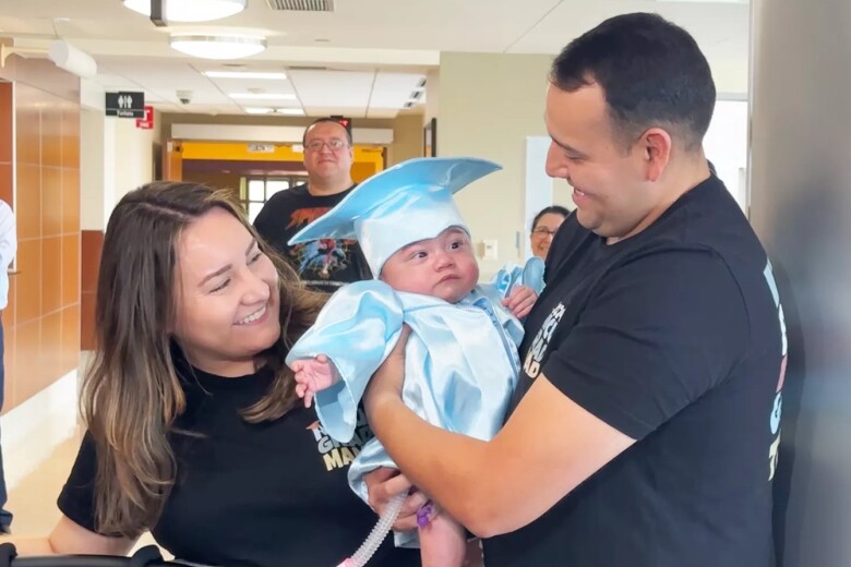 Parents are happy to take their son to the hospital.
