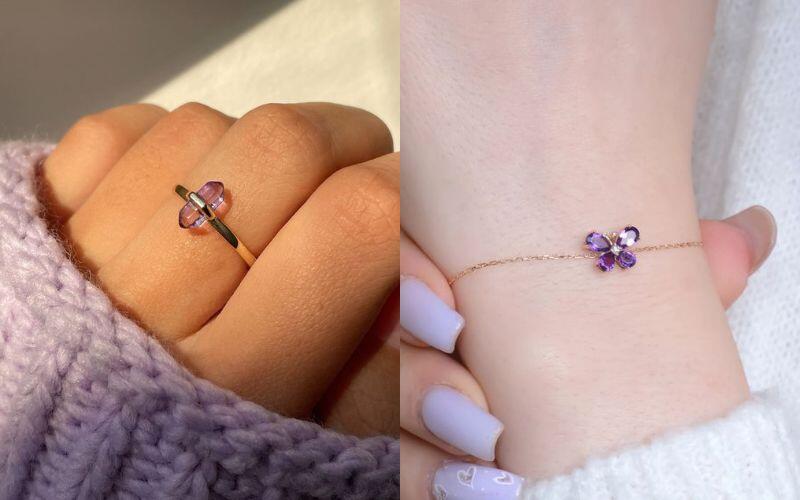 Với những ai sinh vào tháng Hai, viên thạch anh tím (Amethyst) sẽ là người bạn đồng hành tuyệt vời. Màu tím huyền bí của viên đá này giúp tăng cường trí tuệ, giảm căng thẳng. Trang sức màu tím cũng không hề nhạt nhoà, bạn có thể mix&match với nhiều style trang phục.
