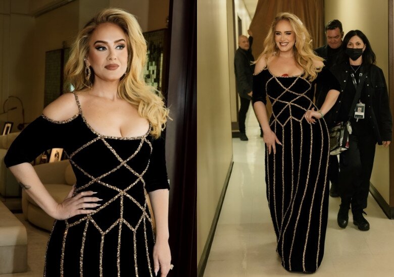 Adele cũng từng diện một chiếc váy trễ vai tinh tế trên nền chất liệu vải đen cao cấp. Kỹ thuật dựng phom dáng chữ A khéo léo với độ xiết vừa đủ giúp nổi bật hình thể quyến rũ của người phụ nữ, tạo ra một thiết kế mang vẻ đẹp đan xen giữa tinh thần hiện đại và cổ điển.