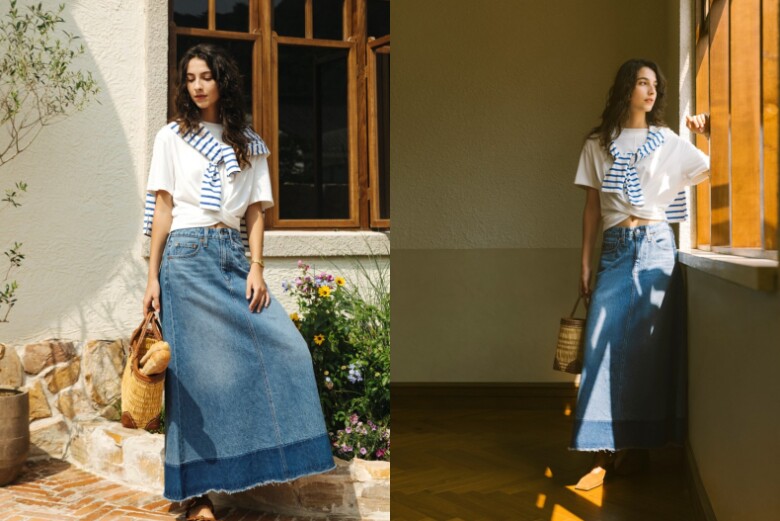 Thiết kế nối tương phản của chiếc váy denim tạo nên nét độc đáo, đừng quên đi thêm đôi sandal để khoe vẻ nữ tính.