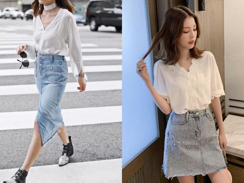 Chân váy denim cùng sơ mi voan tạo nên set đồ thanh lịch cho các nàng văn phòng.