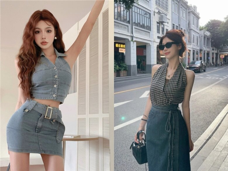 Áo cổ yếm với chân váy denim mang đến vẻ quyến rũ, gợi cảm.