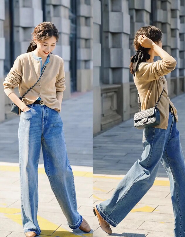 Nhớ chọn áo len dệt kim mỏng, nhẹ với quần ống rộng đủ dày như denim để giữ ấm cơ thể tốt hơn mà không bị nặng nề.