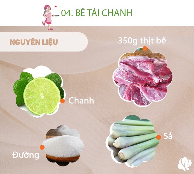 Chuẩn bị: 350g thịt bê, sả, chanh, ớt, đường, xoài xanh bào sợi nhỏ nếu thích, gừng, vừng trắng rang, bột canh, tỏi băm nhỏ, rau húng bạc hà (hoặc rau ngổ), lá chanh thái sợi.