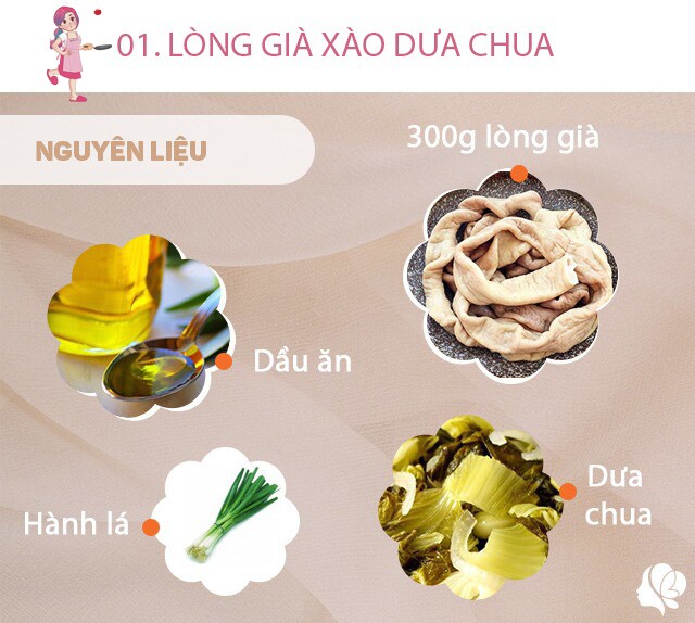 Chuẩn bị: 300g lòng già, 100g thịt dải, 2 bát con dưa cải chua, hành lá, muối, bột nêm, hạt tiêu, hành khô, 1 quả cà chua.