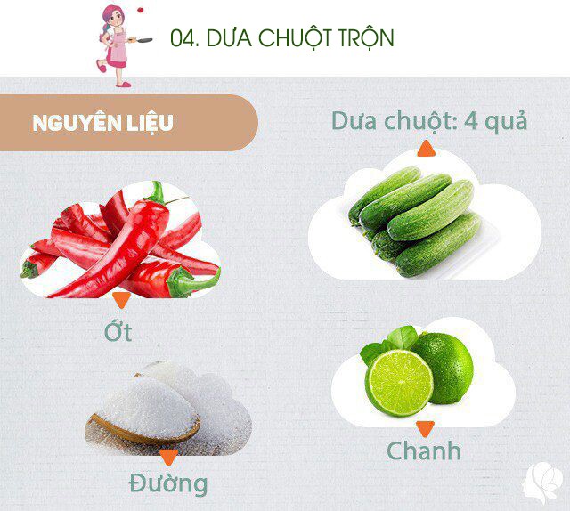 Chuẩn bị: 4 quả dưa chuột, chanh, đường, tỏi, ớt, bột canh vừa đủ.