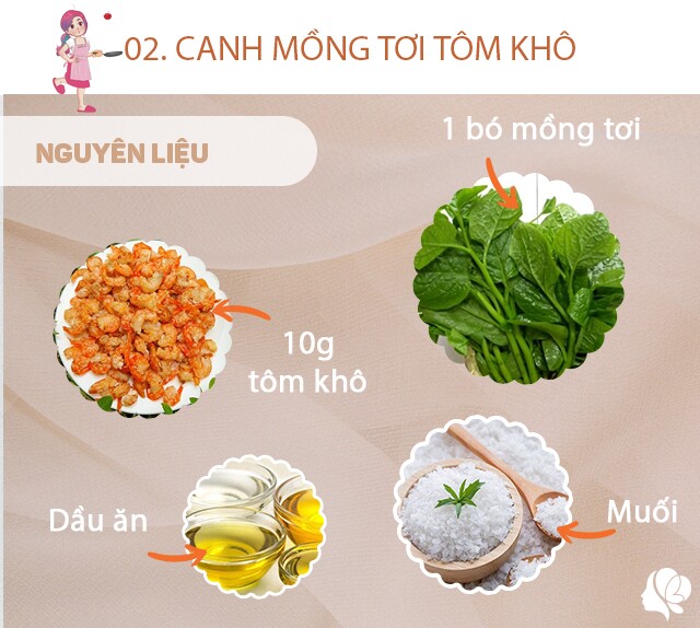 Chuẩn bị: 1 bó mồng tơi nhặt rửa sạch thái khúc, 10g tôm khô ngâm mềm, dầu ăn, muối.