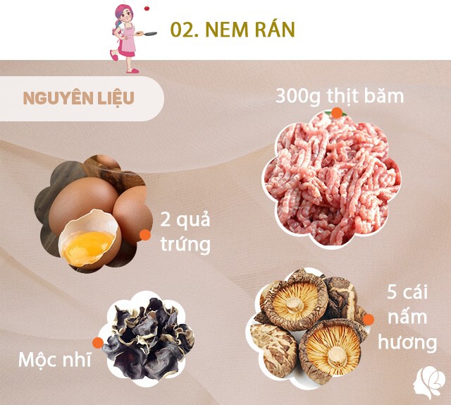 Chuẩn bị: 300g thịt băm, 2 quả trứng, 5 cái nấm hương, một ít mộc nhĩ, 1 bó miến nhỏ, hành lá, bột canh, 1/2 củ cà rốt, 1/2 củ hành tây, 100g giá đỗ, bánh tráng.