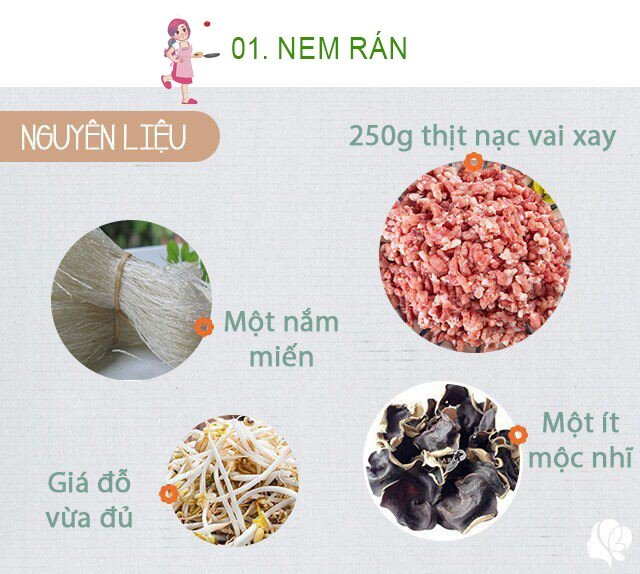 Chuẩn bị: - 250 gr thịt heo xay - 5-6 cánh mộc nhĩ; 2 quả trứng gà; 1 nắm miến nhỏ; 1 củ cà rốt; 1 nắm  hành lá; 1 xấp bánh tráng mỏng - giá đỗ - 6-7 cái nấm hương, hạt tiêu vừa đủ.