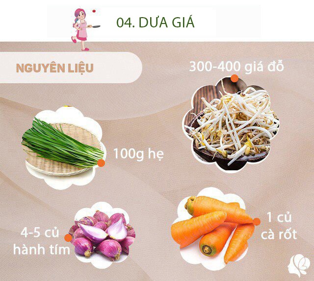 Chuẩn bị: - Giá đỗ: 350-400g - Lá hẹ: 100g - Cà rốt: 1 củ - Hành tím: 4-5 củ - 2 trái ớt - Muối, đường, giấm, nước đun sôi để nguội. 