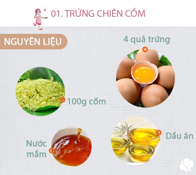 Chuẩn bị: 4 quả trứng gà, 100g cốm, 50g ngô ngọt, nước mắm, dầu ăn, hạt tiêu.