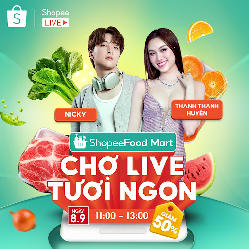 Phiên chợ live tươi ngon ngày 8.9 sẽ càng sôi động hơn nhờ sự dẫn dắt của MC Thanh Thanh Huyền và Anh trai Nicky, hứa hẹn nhiều ưu đãi hấp dẫn “say hi” người dùng lúc 11H trên Shopee Live.