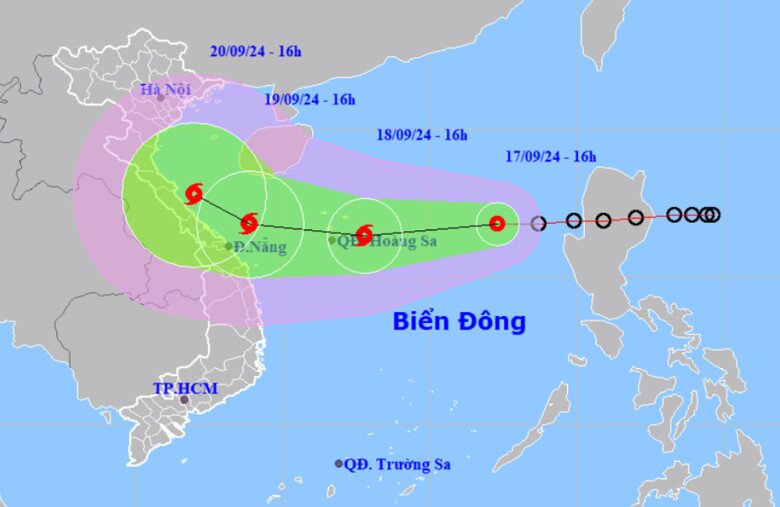 Hướng di chuyển của áp thấp nhiệt đới sau mạnh lên thành bão số 4. Nguồn: NCHMF