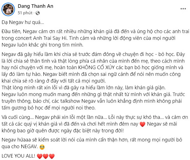 Nagav xin lỗi vì phát ngôn gây tranh cãi, khẳng định không cổ xúy cho chuyện bỏ học.