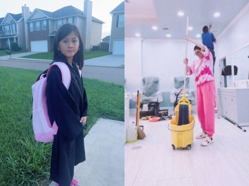 Con gái Trang Trần đeo cặp to đùng đi học ở Mỹ bằng xe bus, cựu người mẫu vui dù bị nói suốt ngày rửa bát