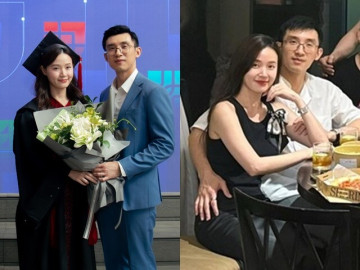 Thiếu gia Minh Đạt ôm hoa chúc mừng Midu nhận bằng thạc sĩ loại giỏi, nhìn vợ mới cưới bằng ánh mắt si mê