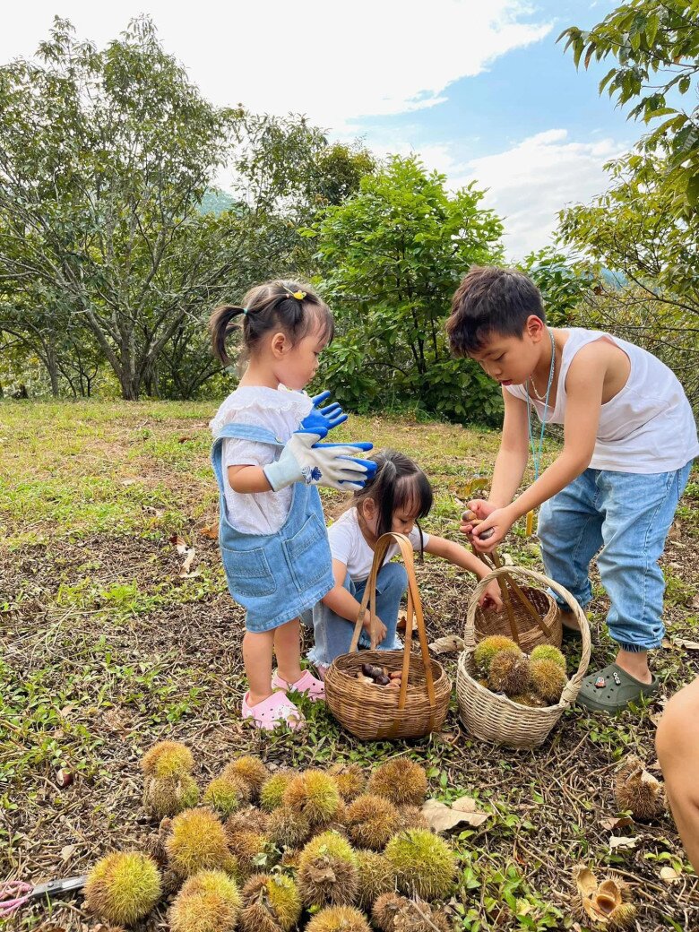 Family posing with their chestnut harvest