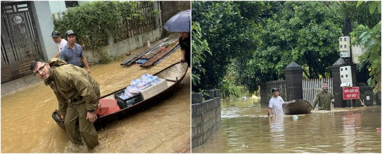 Chàng Tây dầm mình trong nước lũ đi cứu trợ vùng lũ.