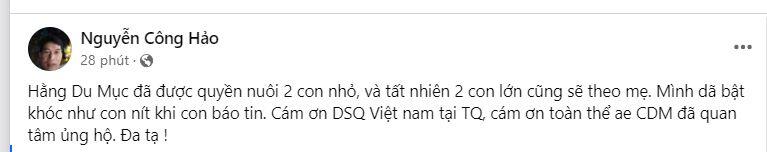 Bố Hằng Du Mục thông báo con gái đã giành được quyền nuôi các con.