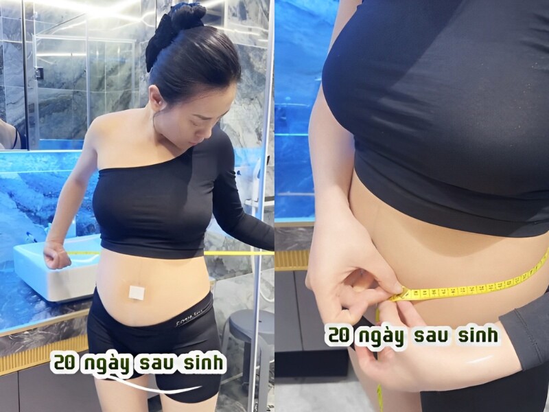 Phương Oanh cho biết khoảng 20 ngày sau sinh, cân nặng cô giảm đáng kể nhưng bụng vẫn "một rổ", núng nính mỡ thừa. Cô thấy hoang mang khi số đo vòng 2 rơi vào khoảng 82cm.  
