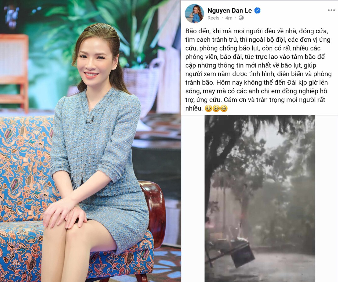 MC Đan Lê gặp khó khăn khi lái xe di chuyển giữa trời mưa bão.