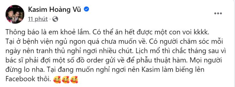 Kasim Hoàng Vũ lên tiếng cho biết sức khỏe vẫn ổn.