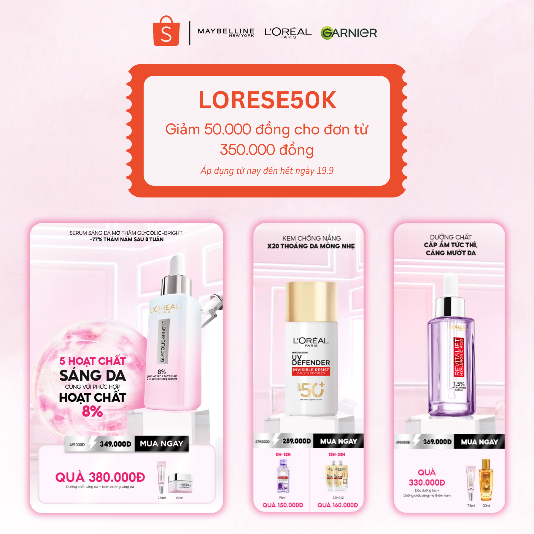 Trong hôm nay, khi mua các sản phẩm LOreal Paris UV Defender Serum, Serum Revitalift Pure Hyaluronic Acid 1.5% và Serum Glycoliclic Melasyl 8%, đừng quên nhập mã LORESE50K để có giá ưu đãi.