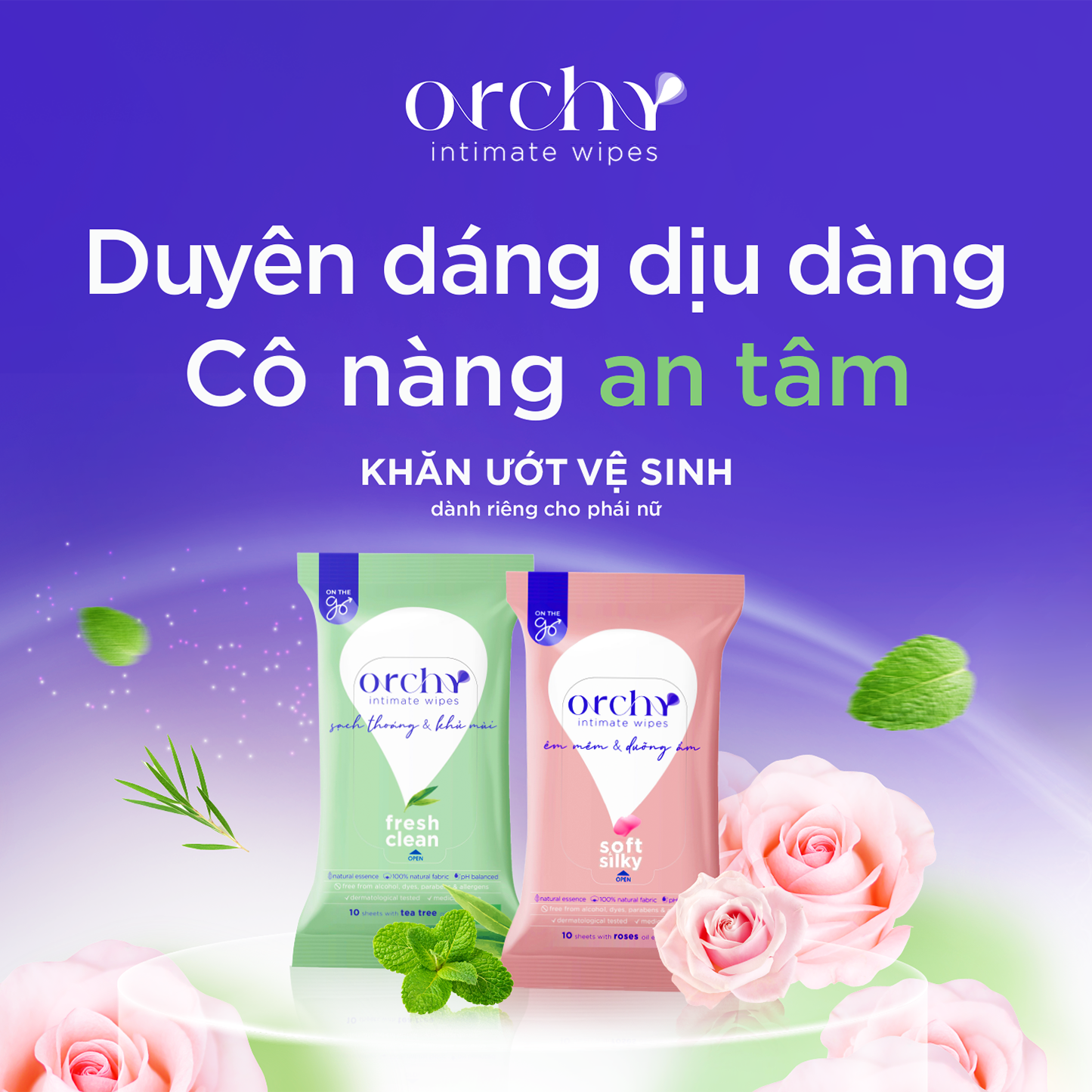 Khăn ướt vệ sinh dành riêng cho phái nữ Orchy với thành phần thiên nhiên, giúp khử mùi, diệt khuẩn cho chị em luôn luôn tự tin
