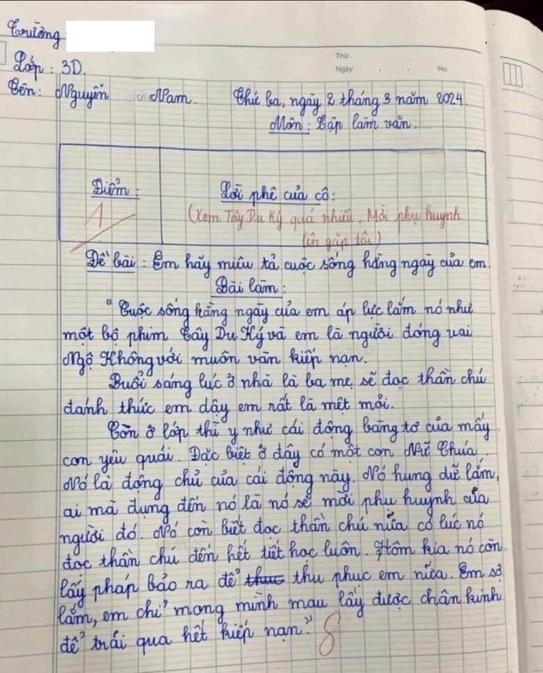 Bài văn 1 điểm khiến cộng đồng mạng dở khóc dở cười của một cậu nhóc học lớp 3.