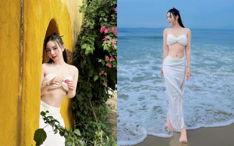 Trước đó, cô cũng từng diện bikini cách điệu với phần váy quấn mỏng manh, phù hợp với hình tượng ngọt ngào, quyến rũ mà cô đang theo đuổi. Gam mà Quỳnh Kool thiên về màu sắc sáng, hoạ tiết bắt mắt, cũng phần xẻ cao vừa phải. 