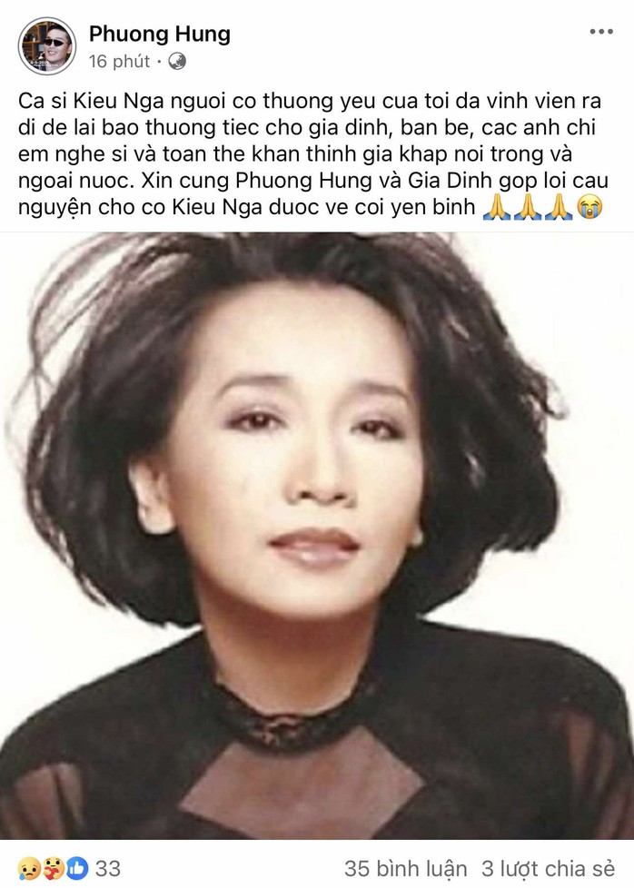Trang cá nhân của Phương Hùng thông tin về sự ra đi của ca sĩ Kiều Nga