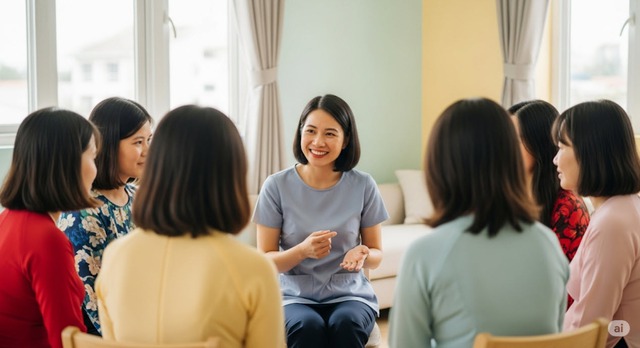 Chuyên viên tâm lý đang tư vấn cho một nhóm bà mẹ sau sinh tại một trung tâm y tế cộng đồng. Hình minh họa.
