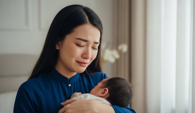 Một bà mẹ trẻ đang khóc thầm khi ôm con – hình ảnh tượng trưng cho áp lực tinh thần sau sinh mà nhiều phụ nữ phải đối mặt. Hình minh họa.