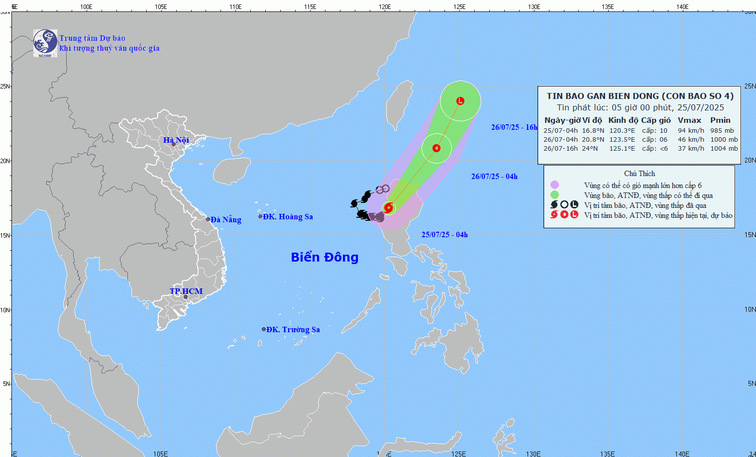 Vị trí và đường đi của bão số 4 lúc sáng nay.
