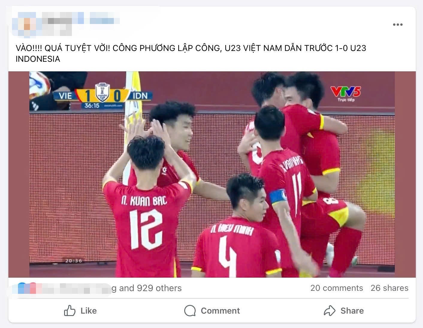 Khoảnh khắc các tuyển thủ U23 Việt Nam ăn mừng bàn thắng ở phút 36, được người dùng mạng xã hội chụp màn hình và chia sẻ.